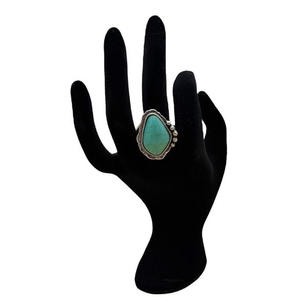 Turquoise Stone Stretch Ring Silver - Picture 1 of 10